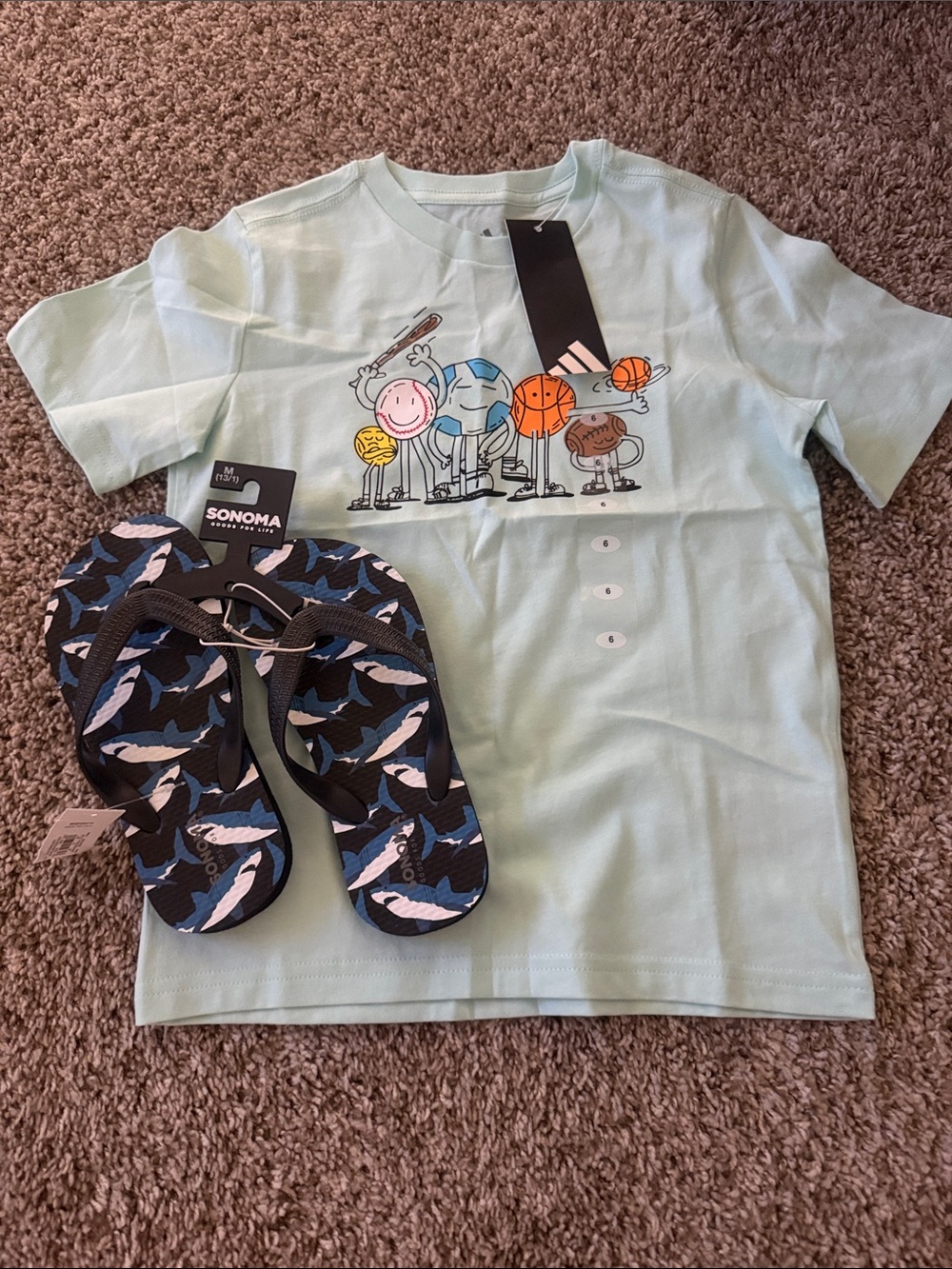 adidas Kids Light Mint Green Graphic Tee with Neutral Shark Flip Flops